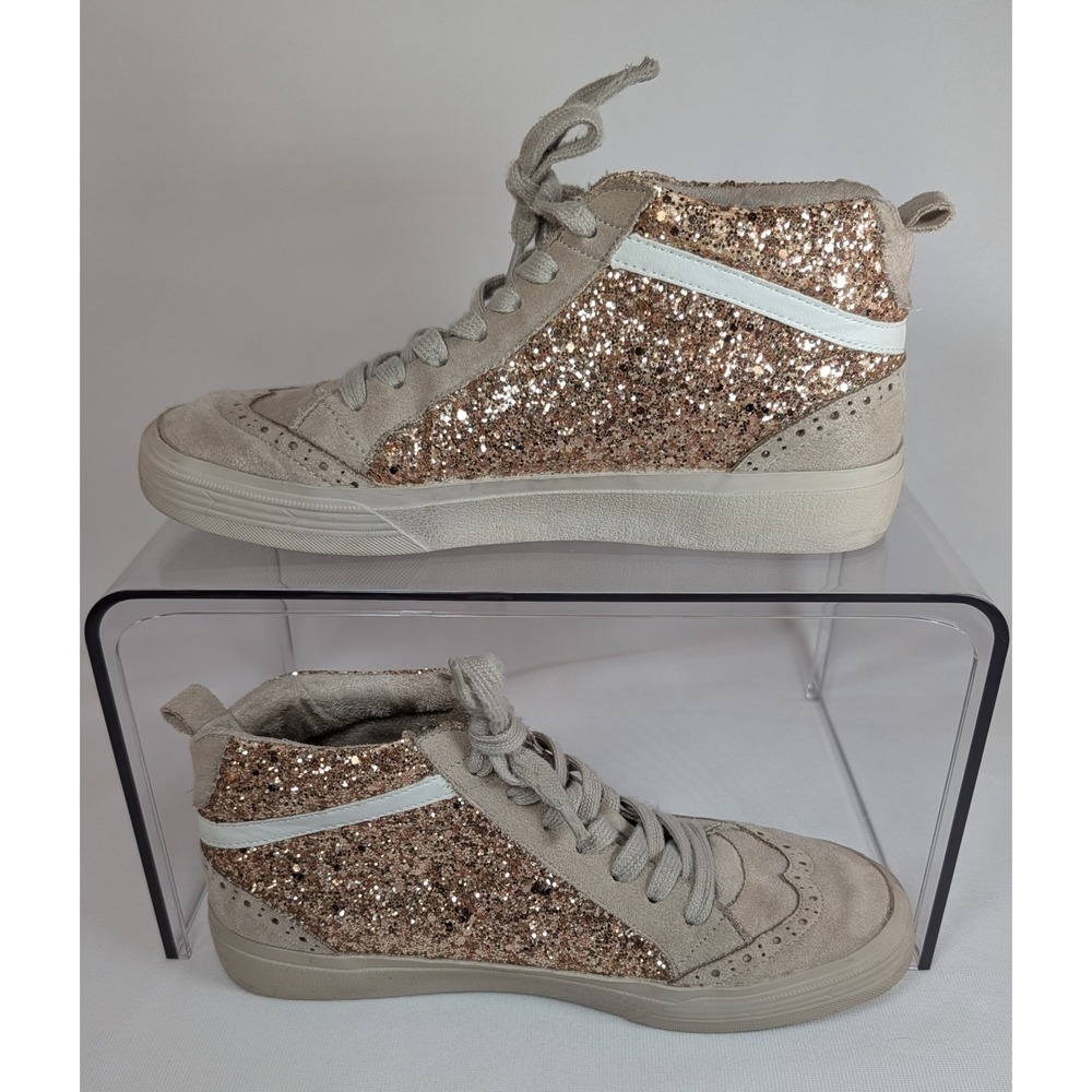 ShuShop Rina Rose Gold Glitter Star High Top Sneakers Beige Womens 8 - Picture 2 of 10